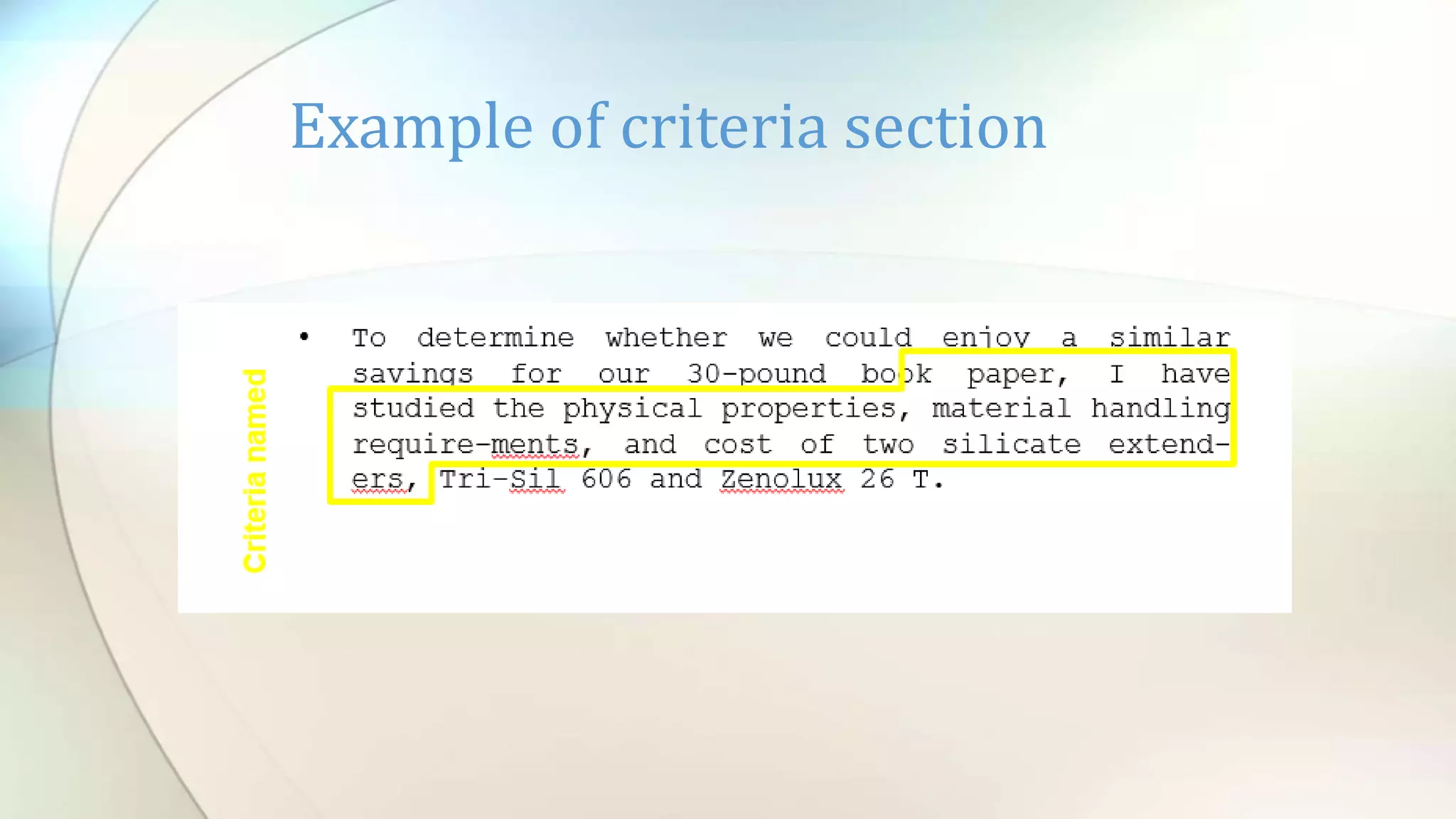 Example of criteria section
 