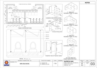 SUPRIYA DAS
ENROLLNMENT NO: 06318001618.
B.ARCH 4TH YEAR 'B'. AP
404
SEMESTER : VIII.
SUBJECT
CODE
03
SHEET NO.
REMARKS
DRAWING TITLE :
HDPE TOILET DETAIL
BUILDING CONSTRUCTION - VII
Ar. SANDEEP SIR
Ar. SAMREEN SULTAN
FACULTY IN-CHARGE DATE
20 MAR.
2022
SCALE
1:50
NOTES
6000
11280
PUBLIC RESTROOM PLAN
Ø1550
WHEELCHAIR
TURNING SPACE
750 X 1250
CLEAR FLOOR SPACE
1600
1930
900 900 1600
910
910
1350
1930
510
1730
Ø1550
WHEELCHAIR
TURNING SPACE
CONNECTION WITH MALL CORRIDOR
F - BRACKET
ALCOVE BRACKET
Y - BRACKET
U - BRACKET
L - BRACKET
REFER DETAIL 'A'
DETAIL - 'A' (SCALE- 1:10)
'F' - BRACKET
'Y' - BRACKET
'U' - BRACKET
'L' - BRACKET
INTERNAL PANEL TO WALL
INTERNAL PANEL TO WALL
INTERNAL PANEL TO STILE
EXTERNAL PANEL TO STILE
PANEL INLINE WITH STILE
ISOMETRIC VIEW OF INSTALLATION
TOP RAIL INSTALLATION
ISOMETRIC VIEW OF FINISHED CABINS
 