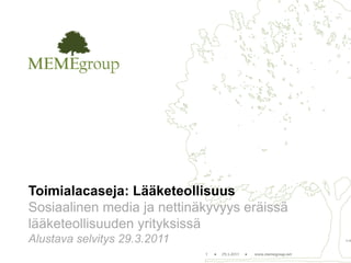 Toimialacaseja: Lääketeollisuus
Sosiaalinen media ja nettinäkyvyys eräissä
lääketeollisuuden yrityksissä
Alustava selvitys 29.3.2011
 