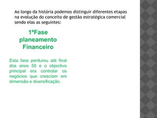 Ao longo da história podemos distinguir diferentes etapas na evolução do conceito de gestão estratégica comercial sendo elas as seguintes:1ªFase planeamento FinanceiroEsta fase perdurou até final dos anos 50 e o objectivo principal era controlar os negócios que cresciam em dimensão e diversificação.