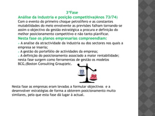 3ªFaseAnálise da industria e posição competitiva(Anos 73/74)Com o evento do primeiro choque petrolífero e as constantes mutabilidades do meio envolvente as previsões falham tornando-se assim o objectivo da gestão estratégica a procura e definição do melhor posicionamento competitivo e não tanto planificar.Nesta fase os planos empresarias compreendiam:A analise da atractividade da industria ou dos sectores nos quais a empresa se inseria;