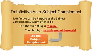 To Infinitive As a Subject Complement
To Infinitive can be Purpose as the Subject
Complement,Usually after to be
Ex : The main thing is to relax.
Their hobby is to walk around the world.
As the
Subject
Complement

 