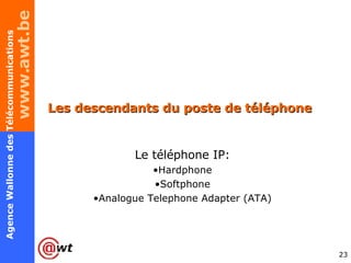 Les descendants du poste de téléphone Le téléphone IP: Hardphone Softphone Analogue Telephone Adapter (ATA) 