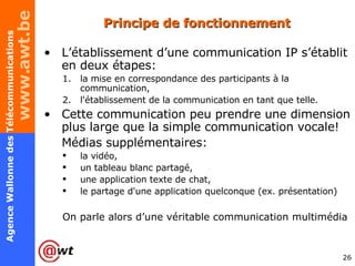 Principe de fonctionnement L’établissement d’une communication IP s’établit en deux étapes: la mise en correspondance des participants à la communication, l'établissement de la communication en tant que telle. Cette communication peu prendre une dimension plus large que la simple communication vocale!  Médias supplémentaires: la vidéo,  un tableau blanc partagé,  une application texte de chat, le partage d'une application quelconque (ex. présentation) On parle alors d’une véritable communication multimédia 