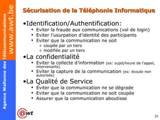 Sécurisation de la Téléphonie Informatique Identification/Authentification: Eviter la fraude aux communications (vol de login) Eviter l’usurpation d’identité des participants Eviter que la communication ne soit  coupée par un tiers modifiée par un tiers La confidentialité Eviter la collecte d’information  (ex: sujet/heure de l’appel, intervenants) Eviter la capture de la communication  (ex: écoute non autorisée) La Qualité de Service Eviter que la communication ne se dégrade Eviter que la communication ne soit coupée Assurer que la communication aboutisse 