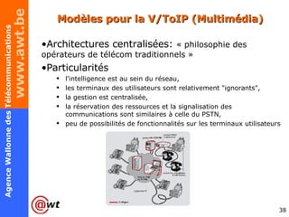 Modèles pour la V/ToIP (Multimédia) Architectures centralisées:  « philosophie des opérateurs de télécom traditionnels » Particularités l'intelligence est au sein du réseau, les terminaux des utilisateurs sont relativement "ignorants", la gestion est centralisée, la réservation des ressources et la signalisation des communications sont similaires à celle du PSTN, peu de possibilités de fonctionnalités sur les terminaux utilisateurs 