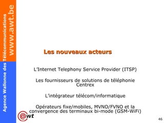 Les nouveaux acteurs L’Internet Telephony Service Provider (ITSP) Les fournisseurs de solutions de téléphonie Centrex L’intégrateur télécom/informatique Opérateurs fixe/mobiles, MVNO/FVNO et la convergence des terminaux bi-mode (GSM-WiFi) 