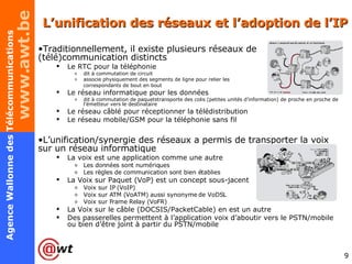 L’unification des réseaux et l’adoption de l’IP Traditionnellement, il existe plusieurs réseaux de (télé)communication distincts Le RTC pour la téléphonie dit à commutation de circuit associe physiquement des segments de ligne pour relier les  correspondants de bout en bout Le réseau informatique pour les données dit à commutation de paquetstransporte des colis (petites unités d’information) de proche en proche de l’émetteur vers le destinataire Le réseau câblé pour réceptionner la télédistribution Le réseau mobile/GSM pour la téléphonie sans fil L’unification/synergie des réseaux a permis de transporter la voix sur un réseau informatique La voix est une application comme une autre Les données sont numériques Les règles de communication sont bien établies La Voix sur Paquet (VoP) est un concept sous-jacent Voix sur IP (VoIP) Voix sur ATM (VoATM) aussi synonyme de VoDSL Voix sur Frame Relay (VoFR) La Voix sur le câble (DOCSIS/PacketCable) en est un autre Des passerelles permettent à l’application voix d’aboutir vers le PSTN/mobile ou bien d’être joint à partir du PSTN/mobile 