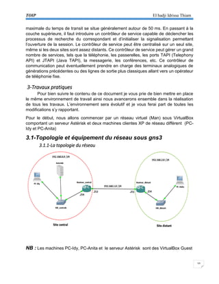 TOIP El hadji Idrissa Thiam 
10 
maximale du temps de transit se situe généralement autour de 50 ms. En passant à la couche supérieure, il faut introduire un contrôleur de service capable de déclencher les processus de recherche du correspondant et d’initialiser la signalisation permettant l’ouverture de la session. Le contrôleur de service peut être centralisé sur un seul site, même si les deux sites sont assez distants. Ce contrôleur de service peut gérer un grand nombre de services, tels que la téléphonie, les passerelles, les ports TAPI (Telephony API) et JTAPI (Java TAPI), la messagerie, les conférences, etc. Ce contrôleur de communication peut éventuellement prendre en charge des terminaux analogiques de générations précédentes ou des lignes de sortie plus classiques allant vers un opérateur de téléphonie fixe. 
3-Travaux pratiques 
Pour bien suivre le contenu de ce document je vous prie de bien mettre en place le même environnement de travail ainsi nous avancerons ensemble dans la réalisation de tous les travaux. L’environnement sera évolutif et je vous ferai part de toutes les modifications s’y rapportant. 
Pour le début, nous allons commencer par un réseau virtuel (Man) sous VirtualBox comportant un serveur Astérisk et deux machines clientes XP de réseau diffèrent (PC- Idy et PC-Anita) 
3.1-Topologie et équipement du réseau sous gns3 
3.1.1-La topologie du réseau 
NB : Les machines PC-Idy, PC-Anita et le serveur Astérisk sont des VirtualBox Guest  