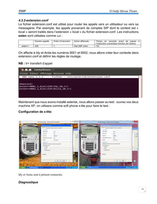 TOIP El hadji Idrissa Thiam 
18 
4.3.2-extension.conf 
Le fichier extension.conf est utilisé pour router les appels vers un utilisateur ou vers sa messagerie. Par exemple, les appels provenant de comptes SIP dont le context est « local » seront traités dans l’extension « local » du fichier extension.conf. Les instructions exten sont utilisées comme suit : 
Numéro appelé 
Ordre d’instruction 
Action effectuée 
Temps en seconde avant de passer à l’instruction suivante(en fonction de l’action) 
exten=> 
200 
1, 
Dial (SIP /John 
10) 
On affecte à Idy et Anita les numéros 9001 et 9002, nous allons créer leur contexte dans extension.conf et définir les règles de routage. 
NB : tr= transfert d’appel 
Maintenant que nous avons installé asterisk, nous allons passer au test : ouvrez vos deux machine XP, on utilisera comme soft phone x-lite pour faire le test : 
Configuration de x-lite: 
Idy et Anita sont à présent connectés. 
Diagnostique  
