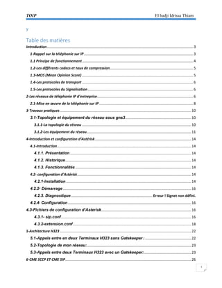 TOIP El hadji Idrissa Thiam 
1 
y 
Table des matières 
Introduction .................................................................................................................................................. 3 
1-Rappel sur la téléphonie sur IP ............................................................................................................. 3 
1.1 Principe de fonctionnement ............................................................................................................... 4 
1.2-Les différents codecs et taux de compression ................................................................................... 5 
1.3-MOS (Mean Opinion Score) ............................................................................................................... 5 
1.4-Les protocoles de transport ............................................................................................................... 6 
1.5-Les protocoles du Signalisation ......................................................................................................... 6 
2-Les réseaux de téléphonie IP d’entreprise ................................................................................................ 6 
2.1-Mise en oeuvre de la téléphonie sur IP .............................................................................................. 8 
3-Travaux pratiques ................................................................................................................................... 10 
3.1-Topologie et équipement du réseau sous gns3 .................................................................. 10 
3.1.1-La topologie du réseau ............................................................................................................. 10 
3.1.2-Les équipement du réseau ........................................................................................................ 11 
4-Introduction et configuration d’Astérisk ................................................................................................ 14 
4.1-Introduction ...................................................................................................................................... 14 
4.1.1. Présentation ......................................................................................................................... 14 
4.1.2. Historique .............................................................................................................................. 14 
4.1.3. Fonctionnalités .................................................................................................................... 14 
4.2- configuration d’Astérisk .................................................................................................................. 14 
4.2.1-Installation ............................................................................................................................. 14 
4.2.2- Démarrage ................................................................................................................................ 16 
4.2.3. Diagnostique ................................................................................. Erreur ! Signet non défini. 
4.2.4- Configuration ........................................................................................................................... 16 
4.3-Fichiers de configuration d’Asterisk .......................................................................................... 16 
4.3.1- sip.conf .................................................................................................................................. 16 
4.3.2-extension.conf ...................................................................................................................... 18 
5-Architecture H323 ................................................................................................................................... 22 
5.1-Appels entre en deux Terminaux H323 sans Gatekeeper : .............................................. 22 
5.2-Topologie de mon réseau: ........................................................................................................ 23 
5.3-Appels entre deux Terminaux H323 avec un Gatekeeper: ............................................... 23 
6-CME SCCP ET CME SIP.............................................................................................................................. 26  