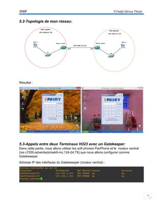 TOIP El hadji Idrissa Thiam 
23 
5.2-Topologie de mon réseau: 
Résultat : 
5.3-Appels entre deux Terminaux H323 avec un Gatekeeper: 
Dans cette partie, nous allons utiliser les soft phones PacPhone et le routeur central (ios c7200-adventerprisek9-mz.124-24.T8) que nous allons configurer comme Gatekeeeper. 
Adresse IP des interfaces du Gatekeeeper (routeur central) : 
 