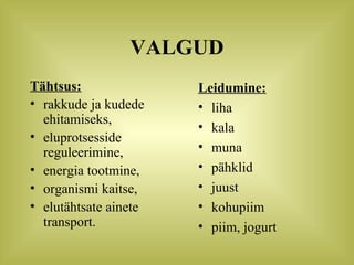 VALGUD Tähtsus: rakkude ja kudede ehitamiseks, eluprotsesside reguleerimine, energia tootmine, organismi kaitse, elutähtsate ainete transport. Leidumine: liha kala muna pähklid juust kohupiim piim, jogurt 