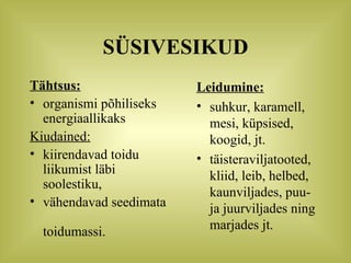 SÜSIVESIKUD Tähtsus: organismi põhiliseks energiaallikaks Kiudained: kiirendavad toidu liikumist läbi soolestiku, vähendavad seedimata  toidumassi.   Leidumine: suhkur, karamell, mesi, küpsised, koogid, jt. täisteraviljatooted, kliid, leib, helbed, kaunviljades, puu- ja juurviljades ning marjades jt. 