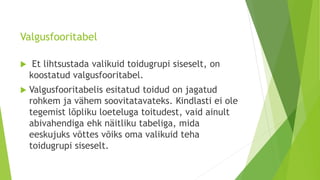 Valgusfooritabel
 Et lihtsustada valikuid toidugrupi siseselt, on
koostatud valgusfooritabel.
 Valgusfooritabelis esitatud toidud on jagatud
rohkem ja vähem soovitatavateks. Kindlasti ei ole
tegemist lõpliku loeteluga toitudest, vaid ainult
abivahendiga ehk näitliku tabeliga, mida
eeskujuks võttes võiks oma valikuid teha
toidugrupi siseselt.
 