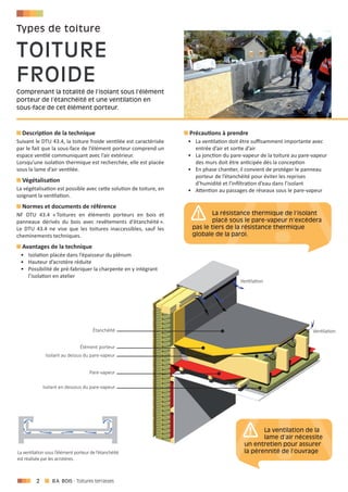 2 - Toitures terrasses
Description de la technique
Suivant le DTU 43.4, la toiture froide ventilée est caractérisée
par le fait que la sous-face de l’élément porteur comprend un
espace ventilé communiquant avec l’air extérieur.
Lorsqu’une isolation thermique est recherchée, elle est placée
sous la lame d’air ventilée.
Végétalisation
La végétalisation est possible avec cette solution de toiture, en
soignant la ventilation.
Normes et documents de référence
NF DTU 43.4 « Toitures en éléments porteurs en bois et
panneaux dérivés du bois avec revêtements d’étanchéité ».
Le DTU 43.4 ne vise que les toitures inaccessibles, sauf les
cheminements techniques.
Avantages de la technique
•	 Isolation placée dans l’épaisseur du plénum
•	 Hauteur d’acrotère réduite
•	 Possibilité de pré-fabriquer la charpente en y intégrant
l’isolation en atelier
Précautions à prendre
•	 La ventilation doit être suffisamment importante avec
entrée d’air et sortie d’air
•	 La jonction du pare-vapeur de la toiture au pare-vapeur
des murs doit être anticipée dès la conception
•	 En phase chantier, il convient de protéger le panneau
porteur de l’étanchéité pour éviter les reprises
d’humidité et l’infiltration d’eau dans l’isolant
•	 Attention au passages de réseaux sous le pare-vapeur
étanchéité
Ventilation
Ventilation
élément porteur
Pare-vapeur
Isolant en dessous du pare-vapeur
Isolant au dessus du pare-vapeur
Comprenant la totalité de l’isolant sous l’élément
porteur de l’étanchéité et une ventilation en
sous-face de cet élément porteur.
Toiture
Fr ide
Types de toiture
La résistance thermique de l’isolant
placé sous le pare-vapeur n’excédera
pas le tiers de la résistance thermique
globale de la paroi.
La ventilation de la
lame d’air nécessite
un entretien pour assurer
la pérennité de l’ouvrageLa ventilation sous l’élément porteur de l’étanchéité
est réalisée par les acrotères.
 