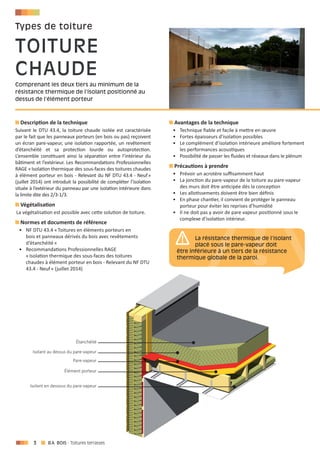 3 - Toitures terrasses
Description de la technique
Suivant le DTU 43.4, la toiture chaude isolée est caractérisée
par le fait que les panneaux porteurs (en bois ou pas) reçoivent
un écran pare-vapeur, une isolation rapportée, un revêtement
d’étanchéité et sa protection lourde ou autoprotection.
L’ensemble constituant ainsi la séparation entre l’intérieur du
bâtiment et l’extérieur. Les Recommandations Professionnelles
RAGE « Isolation thermique des sous-faces des toitures chaudes
à élément porteur en bois - Relevant du NF DTU 43.4 - Neuf »
(juillet 2014) ont introduit la possibilité de compléter l’isolation
située à l’extérieur du panneau par une isolation intérieure dans
la limite dite des 2/3-1/3.
Végétalisation
La végétalisation est possible avec cette solution de toiture.
Normes et documents de référence
•	 NF DTU 43.4 « Toitures en éléments porteurs en
bois et panneaux dérivés du bois avec revêtements
d’étanchéité »
•	 Recommandations Professionnelles RAGE
« Isolation thermique des sous-faces des toitures
chaudes à élément porteur en bois - Relevant du NF DTU
43.4 - Neuf » (juillet 2014)
Avantages de la technique
•	 Technique fiable et facile à mettre en œuvre
•	 Fortes épaisseurs d’isolation possibles
•	 Le complément d’isolation intérieure améliore fortement
les performances acoustiques
•	 Possibilité de passer les fluides et réseaux dans le plénum
Précautions à prendre
•	 Prévoir un acrotère suffisamment haut
•	 La jonction du pare-vapeur de la toiture au pare-vapeur
des murs doit être anticipée dès la conception
•	 Les allotissements doivent être bien définis
•	 En phase chantier, il convient de protéger le panneau
porteur pour éviter les reprises d’humidité
•	 Il ne doit pas y avoir de pare vapeur positionné sous le
complexe d’isolation intérieur.
étanchéité
Pare-vapeur
élément porteur
Comprenant les deux tiers au minimum de la
résistance thermique de l’isolant positionné au
dessus de l’élément porteur
Toiture
ch ude
Types de toiture
Isolant au dessus du pare-vapeur
Isolant en dessous du pare-vapeur
La résistance thermique de l’isolant
placé sous le pare-vapeur doit
être inférieure à un tiers de la résistance
thermique globale de la paroi.
 