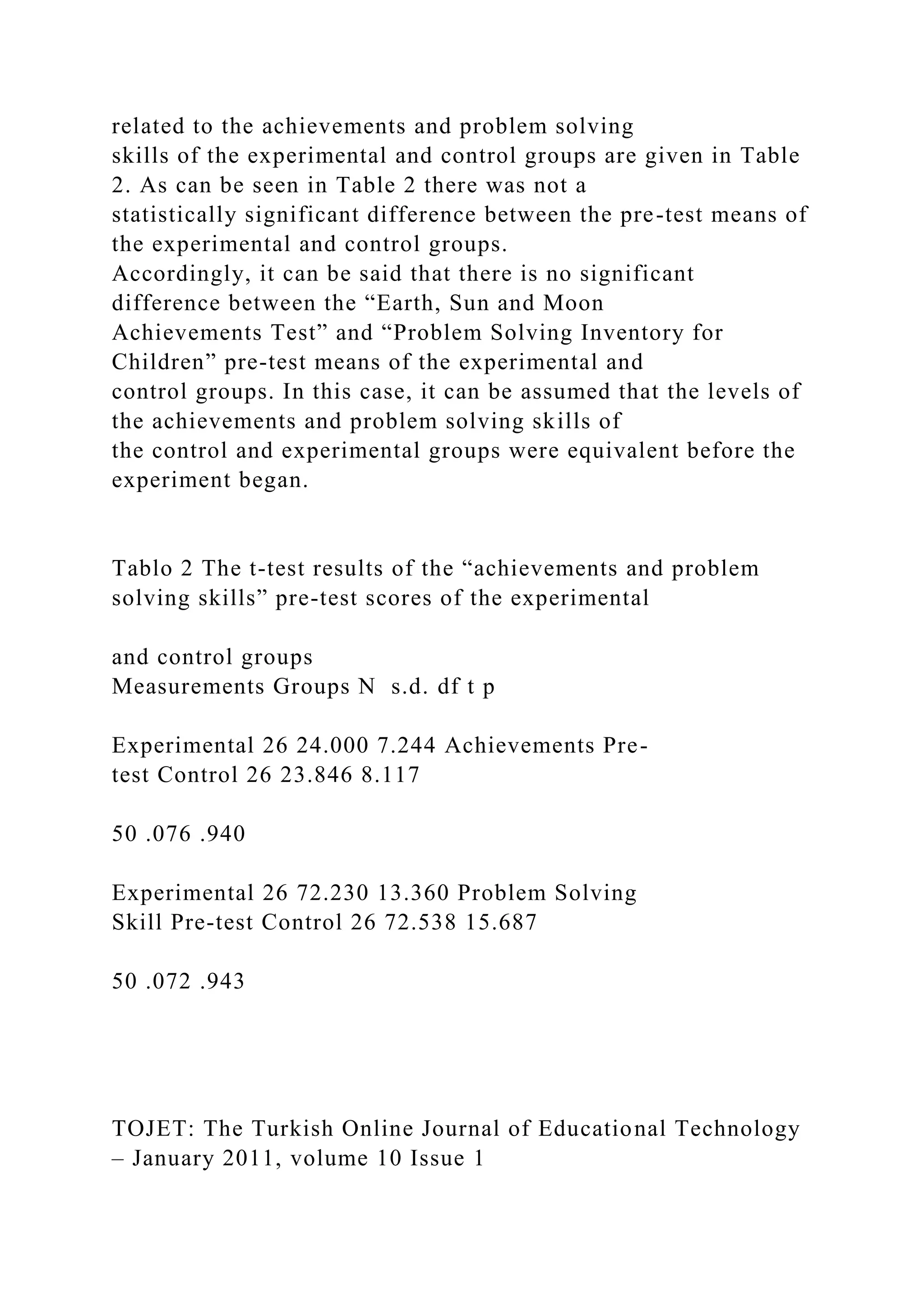 related to the achievements and problem solving
skills of the experimental and control groups are given in Table
2. As can be seen in Table 2 there was not a
statistically significant difference between the pre-test means of
the experimental and control groups.
Accordingly, it can be said that there is no significant
difference between the “Earth, Sun and Moon
Achievements Test” and “Problem Solving Inventory for
Children” pre-test means of the experimental and
control groups. In this case, it can be assumed that the levels of
the achievements and problem solving skills of
the control and experimental groups were equivalent before the
experiment began.
Tablo 2 The t-test results of the “achievements and problem
solving skills” pre-test scores of the experimental
and control groups
Measurements Groups N s.d. df t p
Experimental 26 24.000 7.244 Achievements Pre-
test Control 26 23.846 8.117
50 .076 .940
Experimental 26 72.230 13.360 Problem Solving
Skill Pre-test Control 26 72.538 15.687
50 .072 .943
TOJET: The Turkish Online Journal of Educational Technology
– January 2011, volume 10 Issue 1
 