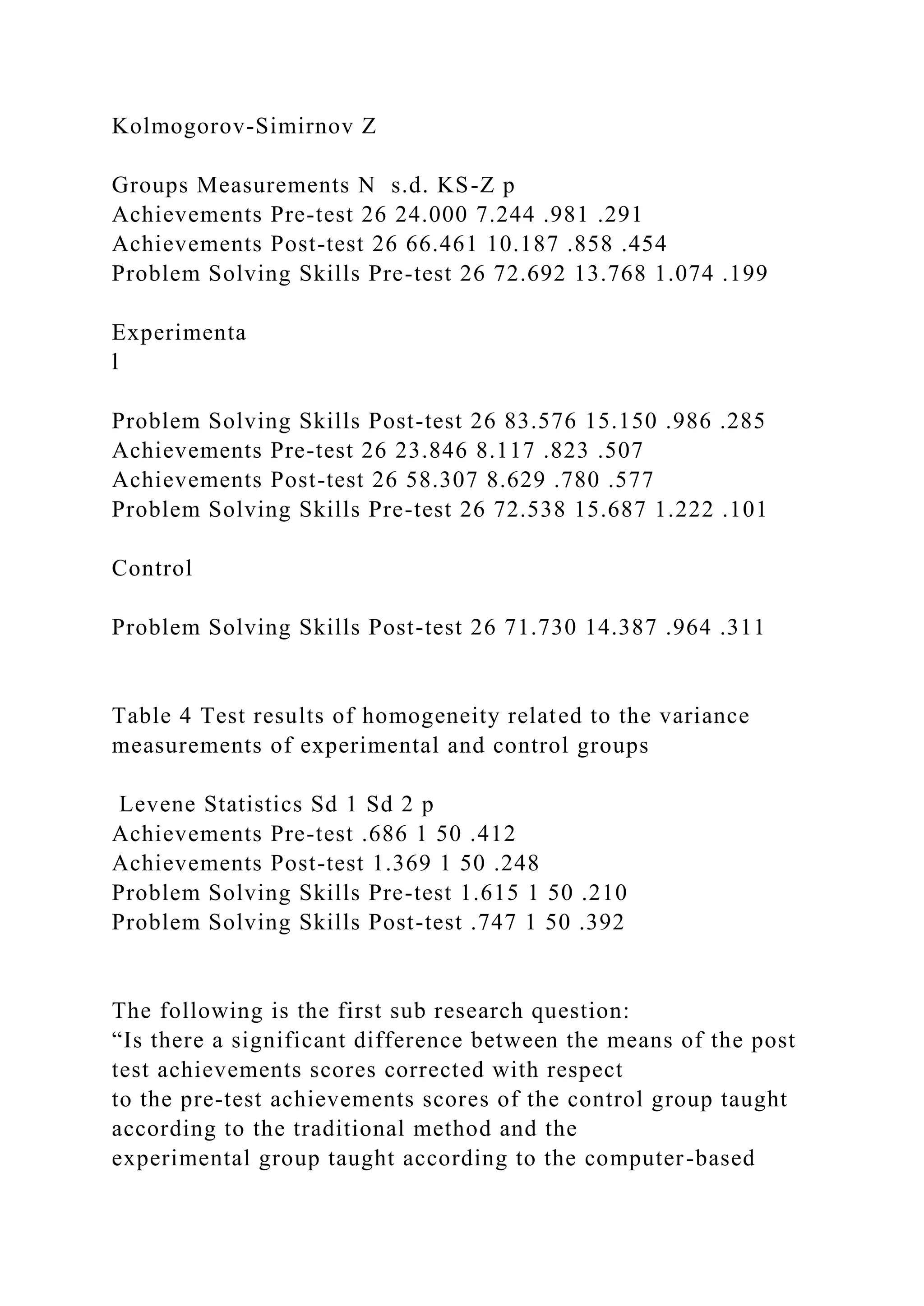 Kolmogorov-Simirnov Z
Groups Measurements N s.d. KS-Z p
Achievements Pre-test 26 24.000 7.244 .981 .291
Achievements Post-test 26 66.461 10.187 .858 .454
Problem Solving Skills Pre-test 26 72.692 13.768 1.074 .199
Experimenta
l
Problem Solving Skills Post-test 26 83.576 15.150 .986 .285
Achievements Pre-test 26 23.846 8.117 .823 .507
Achievements Post-test 26 58.307 8.629 .780 .577
Problem Solving Skills Pre-test 26 72.538 15.687 1.222 .101
Control
Problem Solving Skills Post-test 26 71.730 14.387 .964 .311
Table 4 Test results of homogeneity related to the variance
measurements of experimental and control groups
Levene Statistics Sd 1 Sd 2 p
Achievements Pre-test .686 1 50 .412
Achievements Post-test 1.369 1 50 .248
Problem Solving Skills Pre-test 1.615 1 50 .210
Problem Solving Skills Post-test .747 1 50 .392
The following is the first sub research question:
“Is there a significant difference between the means of the post
test achievements scores corrected with respect
to the pre-test achievements scores of the control group taught
according to the traditional method and the
experimental group taught according to the computer-based
 