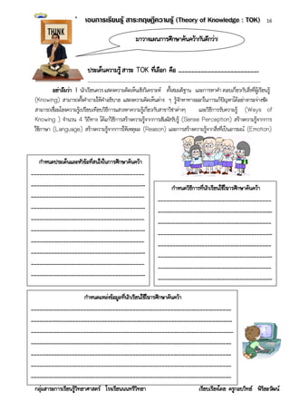 16


                                                  มาวางแผนการศึกษาค้นคว้ากันดีกว่า!


                          ประเด็นความรู้ สาระ TOK ที่เลือก คือ ………………………………………………………………..
                            ……………………………………………………………………………………………………………………………………………………………..
         อย่าลืมว่า ! นักเรียนควร แสดงความคิดเห็นเชิงวิเคราะห์ ตั้งสมมติฐาน และการหาคา ตอบเกี่ยวกับสิ่งที่ผู้เรียนรู้
 (Knowing) สามารถตั้งคาถามให้คาอธิบาย แสดงความคิดเห็นต่าง ๆ รู้จักหาทางออกในการแก้ปัญหาได้อย่างกระจ่างชัด
 สามารถเชื่อมโยงความรู้เปรียบเทียบวิธีการแสวงหาความรู้เกี่ยวกับสาขาวิชาต่างๆ และวิธีการรับความรู้ (Ways of
 Knowing ) จานวน 4 วิถีทาง ได้แก่วิธีการสร้างความรู้จากการสัมผัสรับรู้ (Sense Perception) สร้างความรู้จากการ
 ใช้ภาษา (Language) สร้างความรู้จากการให้เหตุผล (Reason) และการสร้างความรู้จากสิ่งที่เป็นอารมณ์ (Emotion)



   กาหนดประเด็นและหัวข้อที่สนใจในการศึกษาค้นคว้า
………………………………………………………………………………………………………
……………………………………………………………………………………………………....                        กาหนดวิธีการที่นักเรียนใช้ใน ารศึกษาค้นคว้า
                                                                                             ก
………………………………………………………………………………………………………                      ………………………………………………………………………………………………………
……………………………………………………………………………………………………....                   ……………………………………………………………………………………………………....
………………………………………………………………………………………………………                      ………………………………………………………………………………………………………
……………………………………………………………………………………………………....                   ……………………………………………………………………………………………………....
………………………………………………………………………………………………………                      ………………………………………………………………………………………………………
……………………………………………………………………………………………………....                   ……………………………………………………………………………………………………....
………………………………………………………………………………………………………                      ………………………………………………………………………………………………………
……………………………………………………………………………………………………....                   ……………………………………………………………………………………………………....

                     กาหนดแหล่งข้อมูลที่นักเรียนใช้ในารศึกษาค้นคว้า
                                                    ก
………………………………………………………………………………………………………………………………………………………………………………………
……………………....………………………………………………………………………………………………………………………………………………………………
………………………………………………………………………………………………………………………………………………………………………………………..
………………………………………………………………………………………………………………………………………………………………………………………
………………………………………………………………………………………………………………………………………………………………………………………
………………………………………………………………………………………………………………………………………………………………………………………
………………………………………………………………………………………………………………………………………………………………………………………
 กลุ่มสาระการเรียนรู้วิทยาศาสตร์ โรงเรียนนนทรีวิทยา                              เรียบเรียงโดย ครูกอบวิทย์ พิริยะวัฒน์
 