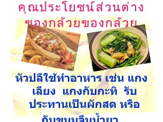 คุณประโยชน์ส่วนต่างของกล้วยของกล้วย หัวปลีใช้ทำอาหาร เช่น แกงเลียง  แกงกับกะทิ  รับประทานเป็นผักสด หรือ กับขนมจีนน้ำยา  