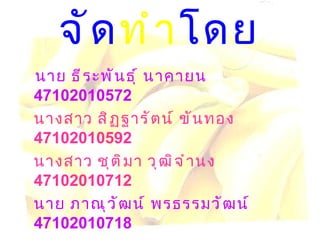 จัด ทำ โดย นาย ธีระพันธุ์ นาคายน  47102010572 นางสาว สิฏฐารัตน์ ขันทอง  47102010592 นางสาว ชุติมา วุฒิจำนง  47102010712 นาย ภาณุวัฒน์ พรธรรมวัฒน์   47102010718 คณะวิทยาศาสตร์ ( กศ . บ .)   เอก คณิตศาสตร์ 