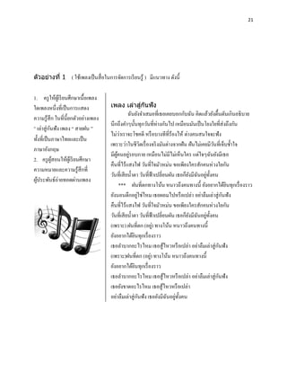 21




ตัวอย่างที่ 1 ( ใช้เพลงเป็ นสื่ อในการจัดการเรี ยนรู ้ ) มีแนวทาง ดังนี้


1. ครู ให้ผเู ้ รี ยนศึกษาเนื้อเพลง
ใดเพลงหนึ่งที่เป็ นการแสดง                       ่ ั
                                      เพลง เล่าสูกนฟั ง
                                                 ฉันยังจาเสมอที่เธอเคยบอกกับฉัน คิดแล้วยังตื้นตันเกินอธิ บาย
ความรู ้สึก ในที่น้ ียกตัวอย่างเพลง
                                      นึกถึงคาๆนั้นทุกวันที่ห่างกันไป เหมือนมันเป็ นโยงใยที่ส่งถึงกัน
“ เล่าสู่ กนฟัง เพลง “ สายฝน ”
            ั
                                            ่
                                      ไม่วาเราจะโชคดี หรื อบางทีที่ร้องไห้ ต่างคนสนใจจะฟัง
ทั้งที่เป็ นภาษาไทยและเป็ น
                                      เพราะว่าในชีวตเรื่ องจริ งมันต่างจากฝัน ฝันไม่เคยมีวนที่เจ็บช้ าใจ
                                                              ิ                                ั
ภาษาอังกฤษ
                                                  ่
                                      มีผคนอยูรอบกาย เหมือนไม่มีไม่เห็นใคร แต่ใจๆฉันยังมีเธอ
                                         ู้
2. ครู ผสอนให้ผเู้ รี ยนศึกษา
              ู้
                                      คืนที่ไร้แสงไฟ วันที่ใจมัวหม่น ขอเพียงใครสักคนห่วงใยกัน
ความหมายและความรู้สึกที่
                                                                                  ั ั ่ ั
                                      วันที่เสี ยน้ าตา วันที่ฟ้าเปลี่ยนผัน เธอก็ยงมีฉนอยูท้ งคน
ผูประพันธ์ถ่ายทอดผ่านเพลง
  ้
                                            *** ฝนที่ตกทางโน้น หนาวถึงคนทางนี้ ยังอยากได้ยนทุกเรื่ องราว
                                                                                                       ิ
                                      ยังนอนดึกอยูใช่ไหม เธอผอมไปหรื อเปล่า อย่าลืมเล่าสู่ กนฟัง
                                                          ่                                          ั
                                      คืนที่ไร้แสงไฟ วันที่ใจมัวหม่น ขอเพียงใครสักคนห่วงใยกัน
                                                                                   ั ั ่ ั
                                      วันที่เสี ยน้ าตา วันที่ฟ้าเปลี่ยนผัน เธอก็ยงมีฉนอยูท้ งคน
                                                                  ่
                                      (เพราะ) ฝนที่ตก (อยู) ทางโน้น หนาวถึงคนทางนี้
                                      ยังอยากได้ยนทุกเรื่ องราว
                                                      ิ
                                      เธอลาบากอะไรไหม เธอสู ้ไหวหรื อเปล่า อย่าลืมเล่าสู่ กนฟัง  ั
                                                                ่
                                      (เพราะ)ฝนที่ตก (อยู) ทางโน้น หนาวถึงคนทางนี้
                                      ยังอยากได้ยนทุกเรื่ องราว
                                                        ิ
                                      เธอลาบากอะไรไหม เธอสู ้ไหวหรื อเปล่า อย่าลืมเล่าสู่ กนฟัง    ั
                                      เธอยังขาดอะไรไหม เธอสู ้ไหวหรื อเปล่า
                                      อย่าลืมเล่าสู่ กนฟัง เธอยังมีฉนอยูท้ งคน
                                                            ั          ั ่ ั
 