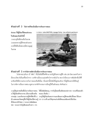 23




ตัวอย่างที่ 3 ใชภาพชวตเป็ นสอการเรียนการสอน
                ้   ี ิ     ื่


คาถาม ให้ ผ้ ูเรียนได้ ตอบคาถาม            ( ภาพของ    Jules BASTIEN, Lepage Party : Les enfants pecheurs

ในลักษณะดังต่ อไปนี้
1.จงระบุสิ่งที่ท่านเห็นในภาพ
2.จงบอกความรู ้สึกของท่านจาก
การที่ได้เห็นสิ่ งต่างๆที่ปรากฏอยู่
ในภาพ




ตัวอย่างที่ 3 การใชภาพสตว์เป็ นสอการเรียนการสอน
                   ้   ั        ื่
        ในโลกรอบๆตัวเรา มี “สัตว์ “ ที เ่ ป็ นสิ่ งมี ชีวิตที สามารถรับรู้ดวยความรู้สึก เช่น ปลาโลมาและค้างคาว
                                                              ่              ้
มี ระบบโซนาร์ เป็ นเครื ่องนาทาง นกพิราบมี ระบบแม่เหล็กนาทางกลับบ้าน หมาป่ ามี ระบบการสัมผัสกลิ่ นได้ดี
นกอิ นทรี ย์มีความสามารถในการมองเห็นดี เยี ยม สิ่ งเหล่านี เ้ ป็ นสิ่ งที อยู่รอบตัวเรา ซึ่ งผูเ้ รี ยนควรได้เรี ยนรู้
                                               ่                           ่
ในการจัดการเรี ยนการสอน ครู สามารถจัดกิ จกรรมการเรี ยนรู้ได้ในลักษณะ ดังตัวอย่าง

1.ครูใช้ รูปภาพเป็ นสื่อในการเรียนการสอน          ใช้ ล้ นสัมผัสของงู การรับรู้โดยคลื่นเสียงของปลาวาฬ ระบบคีโมของตัว
                                                         ิ
2.ให้ ผ้ ูเรียนศึกษาภาพ (เป็ นงานเดี่ยวหรือ       หนอน เป็ นต้ น )
งานกลุ่ม ) และค้ นหาความรู้สกที่สตว์ท้ง 2
                                ึ ั ั             3.ครูให้ ผ้ ูเรียนจินตนาการและเขียนความรู้สกของสัตว์ท้งสอง ใช้ เวลา
                                                                                               ึ        ั
ตัว แสดงออกโดยครูช้ ีนาให้ ผ้ ูเรียนใช้ ความรู้   10–15 นาที่ และให้ ทุกคนอ่านสิ่งที่ตนเองเขียนหน้ าชั้นเรียน
ที่เรียนจากชีววิทยา ( ระบบการสัมผัสของ
ปลา ระบบการรับรู้เสียงของค้ างคาว การ
 