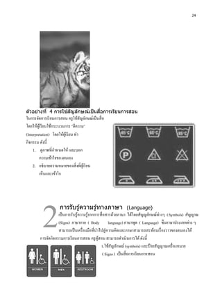 24




                   ้ ั           ื่
ตัวอย่างที่ 4 การใชสญลักษณ์เป็ นสอการเรียนการสอน
ในการจัดการเรี ยนการสอน ครู ใช้สัญลักษณ์เป็ นสื่ อ
โดยให้ผเู้ รี ยนใช้กระบวนการ “ตีความ”
(Interpretation) โดยให้ผเู้ รี ยน ทา
กิจกรรม ดังนี้
     1. ดูภาพที่กาหนดให้ และบอก
         ความเข้าใจของตนเอง
     2. อธิ บายความหมายของสิ่ งที่ผเู ้ รี ยน
         เห็นและเข้าใจ




          2          การรับรู ้ความรู ้ทางภาษา               (Language)
                    เป็ นการรับรู ้ความรู ้จากการสื่ อสารด้วยภาษา ได้โดยสัญญลักษณ์ต่างๆ ( Symbols) สัญญาณ
                    (Signs) ภาษากาย ( Body language) ภาษาพูด ( Language) ซึ่ งภาษาประเภทต่าง ๆ
                    สามารถเป็ นเครื่ องมือที่นาไปสู่ ความคิดและภาษาสามารถสะท้อนเรื่ องราวของตนเองได้
         การจัดกิจกรรมการเรี ยนการสอน ครู ผสอน สามารถดาเนินการได้ ดังนี้
                                                ู้
                                                   1.ใช้สัญลักษณ์ (symbols) และป้ ายสัญญาณเครื่ องหมาย
                                                     ( Signs ) เป็ นสื่ อการเรี ยนการสอน
 