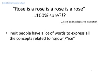 Deledda International School


             “Rose is a rose is a rose is a rose”
                      …100% sure?!?
                                    G. Stein on Shakespeare’s inspiration



    • Inuit people have a lot of words to express all
      the concepts related to “snow”/”ice”




                                                                  11
 