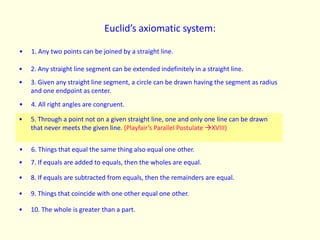 Euclid’s axiomatic system:1. Any two points can be joined by a straight line.