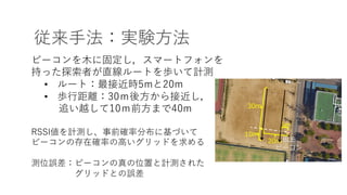 従来⼿法：実験⽅法
ビーコンを⽊に固定し，スマートフォンを
持った探索者が直線ルートを歩いて計測
• ルート：最接近時5mと20m
• 歩⾏距離：30ｍ後⽅から接近し，
追い越して10ｍ前⽅まで40m
RSSI値を計測し、事前確率分布に基づいて
ビーコンの存在確率の⾼いグリッドを求める
測位誤差：ビーコンの真の位置と計測された
グリッドとの誤差
BLE
ビーコン
30m
10m
20m
5m
 