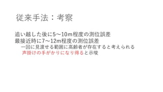 従来⼿法：考察
追い越した後に5〜10ｍ程度の測位誤差
最接近時に7〜12m程度の測位誤差
⼀回に⾒渡せる範囲に⾼齢者が存在すると考えられる
声掛けの⼿がかりになり得ると⽰唆
 