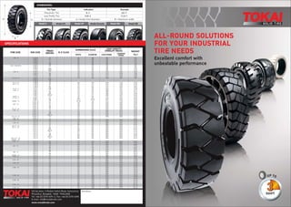 ALL-ROUND SOLUTIONS
FOR YOUR INDUSTRIAL
TIRE NEEDS
Excellent comfort with
unbeatable performance
TOKAI’s product range was designed to deliver
optimal performance, energy efficiency,
comfort, durability and safety.
TOKAI is renowned for its dedication to quality
and diverse product line.
WHY TOKAI
SOLID TIRE ?
Outstanding performance
High wear resistance
Low heat build-up
Excellence grip traction
Maximum safety
ALL-ROUND
SOLUTIONS FOR YOUR
INDUSTRIAL TIRE
NEEDS
ADVANCE TECHNOLOGY
TOKAI invests heavily in its research and development, using cutting-edge computer technology
and over 15 years of acquired knowledge to develop new products. We use a finite element
analysis (FEA) technique to study each tire’s internal deformation under load, at variable speeds
and during various working conditions.
THREE-LAYER
COMPOUND
Wear Resistant Tread Compound
Formulated with premium NR for maximum abrasive strength,
tear resistance and wear durability.
Cushion Compound
Formulated with premium NR to provide optimal shock
absorption and low heat build-up over long distances.
Base Compound
A specially designed high tensile compound provides
maximum hardness, exceptional stability and low deflection.
Bead Wire
Enhanced reinforcement and gripping of tire to the rim,
for increased safety and stability.
COST PER USE
Generic
solid
tire
Pneumatic
tire
Retreaded
tire
Distributor:
TIRE SIZE RIM SIZE WEIGHT
DIMENSIONS (mm)
Tire Type
Pneumatic Tire
Low Profile Tire
D = Outside diameter
B-d
DxB-d
d = Inside (rim) diameter
600-9
21x8-9
B = Maximum width
Model S
D d
B
Model MT Model HT Model Smooth Model Rib Model RB
Indication Example
WIDTH DIAMETER LOAD WHEEL STEERING
WHEEL (Kgs.)
LOAD CAPACITY
(FORKLIFT TRUCK)
E-Z CLICK
TREAD
DESIGN
SPECIFICATIONS
DIMENSIONS:
UP TO
4.00 - 8 2.50C-8 HT - 102 400 950 730 9.70
3.00D-8 HT - 102 400 950 730 9.70
3.00D-8 S - 102 400 950 730 9.70
3.00D-8 HT 102 400 950 730 9.70
3.75-8 RIB - 102 400 950 730 11.80
4.00 - 8 Aeroline 3.00D-8 SM - 102 397 950 730 9.80
3.00D-8 S - 102 397 950 730 9.80
3.00D-8 RIB5 - 102 402 950 730 10.00
3.75-8 RIB3 - 110 397 950 730 12.00
5.00 - 8 3.00D-8 HT 122 447 1415 1090 15.60
3.00D-8 SM 122 447 1415 1090 15.60
3.00D-8 RB 129 456 1415 1090 15.80
3.75-8 HT - 122 447 1415 1090 15.60
15 x 4.5 - 8 3.00D-8 HT 115 376 1040 800 9.50
3.00D-8 RIB
3.00D-8 SM
16 x 6 - 8 4.33R-8 HT 150 418 1495 1150 15.30
18 x 7 - 8 4.33R-8 MT 155 451 2145 1650 21.20
4.33R-8 HT 155 451 2145 1650 20.30
4.33R-8 RB 152 448 2145 1650 20.50
16 x 5 - 9 3.50-9 RIB - 120 410 1050 810 11.60
6.00 - 9 4.00E-9 HT 144 518 1885 1450 25.10
4.00E-9 SM 144 518 1885 1450 25.10
4.00E-9 RB - 142 517 1885 1450 25.80
4.00E-9 RB-V2 - 142 517 1885 1450 24.50
140/55 - 9 4.00-9 HT 170 348 1170 900 10.30
21 x 8 - 9 6.00E-9 HT 180 524 2755 2120 33.20
6.00E-9 RB 179.2 518.95 2755 2120 32.60
200/50 - 10 6.50F-10 MT 195.25 455 2470 1900 24.60
6.50F-10 HT 195 455 2470 1900 23.80
650 - 10 5.00F-10 HT 168 572 2340 1800 36.70
5.00F-10 SM 168 572 2340 1800 36.70
5.00F-10 RB 155 573 2340 1800 32.80
23 x 9 - 10 6.50F-10 HT 231 576 3770 2900 47.00
7.00 - 12 5.00S-12 HT 177 642 2920 2240 45.70
5.00S-12 SM - 188 650 2920 2240 46.00
5.00S-12 RB - 168 643 2920 2240 45.00
5.00S-12 RB-V2 - 168 643 2920 2240 41.40
27 x 10 - 12 8.00G-12 HT 235 670 3900 3000 70.50
5.50 - 15 4.50E-15 S - 152 645 35.30
7.00 - 15 5.50-15 HT 176 720 3545 2725 59.40
6.00-15 HT 176 720 3545 2725 59.40
7.50 - 15 6.00-15 HT - 206 745 3900 3000 69.50
6.50-15 HT 206 745 3900 3000 69.50
28 x 9 - 15 6.50-15 HT 221 694 3900 3000 61.30
(8.15 - 15) 6.50-15 SM 221 694 3900 3000 61.30
6.50-15 RB 200 695 3900 3000 58.00
6.50-15 RB-V2 - 200 695 3900 3000 53.10
7.00-15 HT 221 694 3900 3000 61.30
7.00-15 SM 221 694 3900 3000 61.30
7.00-15 RB 200 695 3900 3000 58.00
7.00-15 RB-V2 - 200 695 3900 3000 53.10
28 x 12.5 - 15 9.75-15 HT 292 694 5040 3875 81.30
(355/45 - 15)
8.25 - 15 6.50-15 HT 212 794 4750 3650 58.20
6.50-15 RB - 199 795 4750 3650 75.70
7.00-15 HT 212 794 4750 3650 58.20
250 - 15 7.00-15 HT 240 714 4750 3650 70.20
7.00-15 RB 225 720 4750 3650 66.40
7.50-15 HT 240 714 4750 3650 70.60
7.50-15 RB - 225 720 4750 3650 66.40
300 - 15 8.00-15 HT 252 808 5850 4500 104.40
8.00-15 RB 250 815 5850 4500 100.20
355/65 - 15 9.75-15 HT 300 808 7800 6000 128.60
7.50 - 16 5.50-16 HT - 206 760 3950 3050 70.60
6.00-16 HT - 206 766 3950 3050 70.60
8.25 - 20 6.50-20 HT - 231 925 4400 3675 110.20
7.00-20 HT - 231 925 4400 3675 110.20
9.00 - 20 6.50-20 HT - 243 935 5340 4450 121.80
7.00-20 HT - 243 935 5340 4450 121.80
7.00-20 SM - 243 935 5340 4450 121.80
10.00 - 20 6.50-20 HT - 253 982 6000 5000 136.40
7.00-20 HT - 253 982 6000 5000 136.40
7.50-20 HT - 253 982 6000 5000 144.90
7.50-20 SM - 253 982 6000 5000 144.90
8.00-20 HT - 253 982 6000 5000 144.90
11.00 - 20 7.50-20 HT - 257 1033 6510 5425 170.90
7.50-20 SM - 257 1033 6510 5425 170.90
8.00-20 HT - 257 1033 6510 5425 170.90
12.00 - 20 8.00-20 HT - 270 1059 7500 6250 221.30
8.50-20 HT 270 1059 7500 6250 221.30
10.0-20 HT - 308 1059 7500 6250 221.30
12.00 - 24 8.00-24 HT - 300 1168 7980 6650 241.10
8.50-24 HT - 300 1168 7980 6650 241.10
14.00 - 24 10.00-24 HT - 335 1300 11000 9175 342.60
3
3
3
SHIFT
Hour
5/5 Soi Aree, 5 Phahol Yothin Road, Samsennai
Phayathai, Bangkok, 10400 THAILAND
Tel: +66 (0) 2270-0291-2, Fax: +66 (0) 2270-0290
E-mail: info@mouldmate.com
www.mouldmate.com
COMPOUNDS
Normal - premium natural rubber compound designed
for optimum wear on diesel trucks
Non-marking - available in white, extreme white and green
Energy Max - for better energy efficiency on electric trucks
Other special compounds available upon request
AW_Leaf TOKAI (TIRE)
Size: 42x29.7 cm.
Date: 20-11-09
 