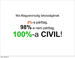 Ma Magyarország lakosságának

                          2%-a párttag,
                     98%-a nem párttag,
                   100%-a CIVIL!

2010. február 5.
 