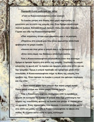 Παραμύθι 6 από μαθήτρια της τάξης
«Γιατί οι Κοκκινοσκουφίτσες είναι κακές!»
Το λυκάκι μπήκε στο δάσος όλο χαρά περνώντας το
μονοπάτι για το σπίτι της γιαγιάς του. Στον δρόμο συνάντησε
πολλά ζωάκια. Κάποια στιγμή άκουσε πίσω του έναν θόρυβο.
Γύρισε και είδε την Κοκκινοσκουφίτσα!
«Πού πηγαίνεις τέτοια ώρα μικρούλη μου;» το ρώτησε.
«Πηγαίνω στη γιαγιά μου που είναι άρρωστη» απάντησε
φοβισμένο το μικρό λυκάκι.
«Ααααα και πού μένει η γιαγιά σου;» το ξαναρώτησε.
«Στην άλλη άκρη του δάσους» απάντησε εκείνο.
Τότε η Κοκκινοσκουφίτσα ακολούθησε έναν πιο σύντομο
δρόμο κι έφτασε πρώτη στο σπίτι της γιαγιάς. Ξεγέλασε τη γιαγιά
κάνοντας τη φωνή απ΄ το λυκάκι και όρμησε μέσα στο σπίτι για να
την τρομάξει. Όμως η γιαγιά πρόλαβε και κρύφτηκε μέσα στην
ντουλάπα. Η Κοκκινοσκουφίτσα πήρε τη θέση της γιαγιάς στο
κρεβάτι της. Όταν έφτασε το λυκάκι η γιαγιά του φάνηκε περίεργη
και της είπε:
« Πόσο κοντά χέρια έχεις γιαγιά! Και πόσο μικρά αυτιά!
Πόσο μικρό στόμα και πόσο μικρά δόντια έχεις!»
Τότε η Κοκκινοσκουφίτσα πετάχτηκε από το κρεβάτι κι
άρχισε να κυνηγάει το λυκάκι! Η γιαγιά που είχε μισάνοιχτη την
πόρτα της ντουλάπας φώναξε το λυκάκι και μπήκε κι εκείνο μέσα
να κρυφτεί. Ένας περαστικός που άκουσε τι γινόταν μπήκε μέσα
στο σπίτι και μόλις τον είδε η Κοκκινοσκουφίτσα το έβαλε στα
πόδια. Κι έζησαν αυτοί καλά κι εμείς καλύτερα!
 