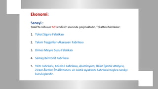 Ekonomi:
Sanayi :
Tokat'ta nüfusun %5'i endüstri alanında çalışmaktadır. Tokattaki fabrikalar:

1. Tokat Sigara Fabrikası

2. Takım Tezgahları Aksesuarı Fabrikası

3. Dimes Meyve Suyu Fabrikası

4. Samaş Bentonit Fabrikası

5. Yem Fabrikası, Kereste Fabrikası, Alüminyum, Bakır İşleme Atölyesi,
   Ziraat Âletleri Îmâlâthânesi ve Lastik Ayakkabı Fabrikası başlıca sanâyi
   kuruluşlarıdır.
 