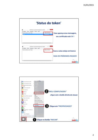 31/01/2015
2
‘Status do token’
Caso apareça essa mensagem,
seu certificado está OK !
Caso a caixa esteja em branco
SIGA OS PRÓXIMOS PASSOS!
‘MEU COMPUTADOR ’
clique com o botão direito do mouse
Clique no botão ‘INICIAR’
Clique em ‘PROPRIEDADES’
 