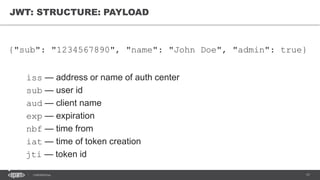 17CONFIDENTIAL
JWT: STRUCTURE: PAYLOAD
{"sub": "1234567890", "name": "John Doe", "admin": true}
iss — address or name of auth center
sub — user id
aud — client name
exp — expiration
nbf — time from
iat — time of token creation
jti — token id
 