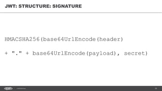 18CONFIDENTIAL
JWT: STRUCTURE: SIGNATURE
HMACSHA256(base64UrlEncode(header)
+ "." + base64UrlEncode(payload), secret)
 