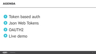 2CONFIDENTIAL
AGENDAAGENDA
Token based auth1
Json Web Tokens2
OAUTH23
Live demo4
 