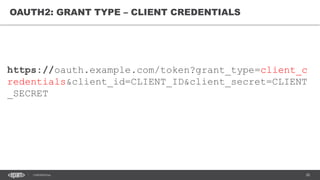 28CONFIDENTIAL
OAUTH2: GRANT TYPE – CLIENT CREDENTIALS
https://oauth.example.com/token?grant_type=client_c
redentials&client_id=CLIENT_ID&client_secret=CLIENT
_SECRET
 