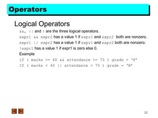 20
OperatorsOperators
Logical Operators
&&, || and ! are the three logical operators.
expr1 && expr2 has a value 1 if expr1 and expr2 both are nonzero.
expr1 || expr2 has a value 1 if expr1 and expr2 both are nonzero.
!expr1 has a value 1 if expr1 is zero else 0.
Example
if ( marks >= 40 && attendance >= 75 ) grade = ‘P’
If ( marks < 40 || attendance < 75 ) grade = ‘N’
 