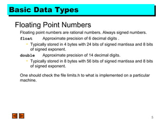 5
Basic Data TypesBasic Data Types
Floating Point Numbers
Floating point numbers are rational numbers. Always signed numbers.
float Approximate precision of 6 decimal digits .
• Typically stored in 4 bytes with 24 bits of signed mantissa and 8 bits
of signed exponent.
double Approximate precision of 14 decimal digits.
• Typically stored in 8 bytes with 56 bits of signed mantissa and 8 bits
of signed exponent.
One should check the file limits.h to what is implemented on a particular
machine.
 