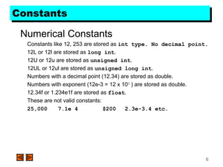 6
ConstantsConstants
Numerical Constants
Constants like 12, 253 are stored as int type. No decimal point.
12L or 12l are stored as long int.
12U or 12u are stored as unsigned int.
12UL or 12ul are stored as unsigned long int.
Numbers with a decimal point (12.34) are stored as double.
Numbers with exponent (12e-3 = 12 x 10-3
) are stored as double.
12.34f or 1.234e1f are stored as float.
These are not valid constants:
25,000 7.1e 4 $200 2.3e-3.4 etc.
 