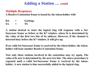 Adding a Station … contd
Multiple Responses
A Resolve-Contention frame is issued by the token-holder with

DA      =      ...