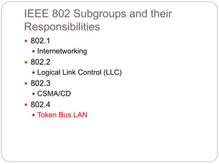 IEEE 802 Subgroups and their
Responsibilities
 802.1
 Internetworking
 802.2
 Logical Link Control (LLC)
 802.3
 CSMA/CD
 802.4
 Token Bus LAN
 