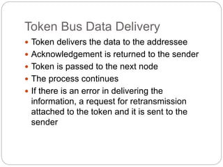 Token Bus Data Delivery
 Token delivers the data to the addressee
 Acknowledgement is returned to the sender
 Token is passed to the next node
 The process continues
 If there is an error in delivering the
information, a request for retransmission
attached to the token and it is sent to the
sender
 