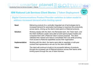 Accelerating Product and Service Innovation | Rational

IBM Rational Lab Services Client Stories | Token Deployment

Client
Win

Digital Communications Product Provider switches to token model to
address increased demand while limiting spend
Need

Delivering products for a vertically integrated set of technologies led to
increased demand for automation technology to maximize the productivity
across teams, driving up the client’s total spend on Rational products.

Solution

Working closely with the client, the Renewals team, the Token team, and
the Client Software Leader were able to build spend project models and
compared them with a Rational Token License proposal. The client
validated their interest and need to consolidate their cost while providing
more access to Rational capabilities across their organization.

Implementation

Working with the client, the teams were able to negotiate a multi-year
contract that represented a win-win for the client and IBM.

Value

The client will continue to build on its successful delivery of products
through the increased use of Rational solutions across their teams while
limiting spend through the use of token licenses.

© 2013 IBM Corporation

 