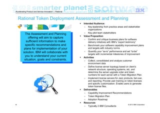 Accelerating Product and Service Innovation | Rational

Rational Token Deployment Assessment and Planning

The Assessment and Planning
offering will aim to capture
sufficient information to make
specific recommendations and
plans for implementation of your
solution. IBM will collaborate with
you to understand your current
situation, goals and constraints.

4

Intended Audience:
− Key leadership from practice areas and stakeholder
organizations
− Key pilot team stakeholders
Value Proposition
− Confirm and critique business plans for software
delivery initiatives with IBM’s “expert testimony”
− Benchmark your software capability improvement plans
and targets with industry norms
− Quantify your “as-is” performance and set “to-be”
targets with incremental milestones of improvement
Activities
− Collect, consolidated and analyze customer
environment data
− Define license server topology based on client’s
network structure, operating systems, etc. and
determine the server upgrade order and token
numbers for each server with a Token Migration Plan.
− Implement license servers for Jazz products, fail over,
and reporting. Provide user training on token licenses
and specific customization. Enable users to generate
token license files.
Deliverables
− Capability Improvement Recommendations
− Token Migration Plan
− Adoption Roadmap
Resources
© 2013 IBM Corporation
− Typically 2 IBM Consultants

 